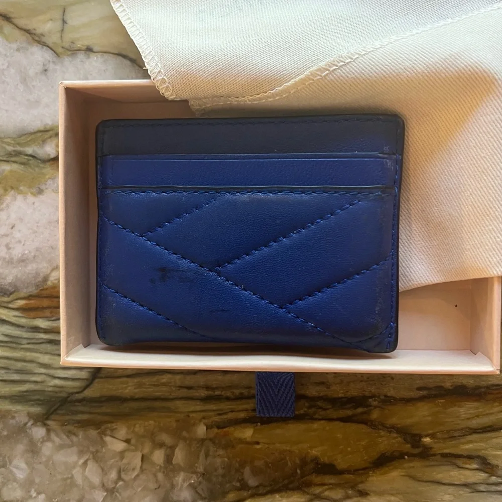 Tory Burch Blue Quilted Logo Card Holder with Gold Tone Emblem